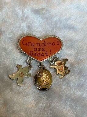Grandma's Are Great! Orange Heart Brooch with Gold Charms